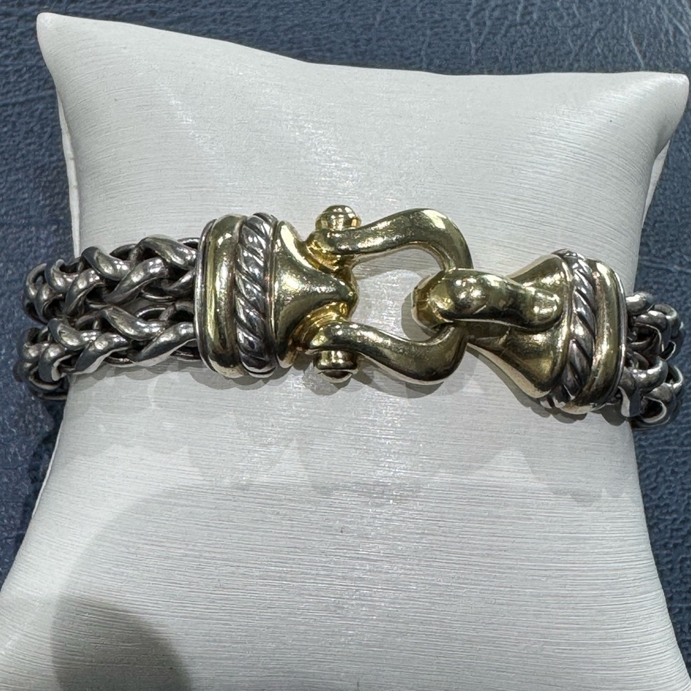 David Yurman 14 Karat and Sterling Silver Two Row Wheat Chain Buckle Bracelet.